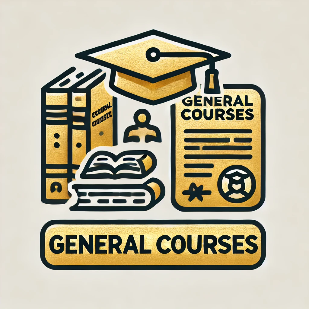DALL·E 2025-03-20 05.54.25 – A gold-colored vector-style icon representing General Courses. The icon should feature a graduation cap, a book stack, or a certificate, designed for